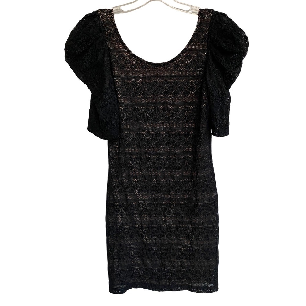 DKNY Puff Sleeve Black Lace Nude Straight Pencil Glam Mini Cocktail Dress- 6 NWT